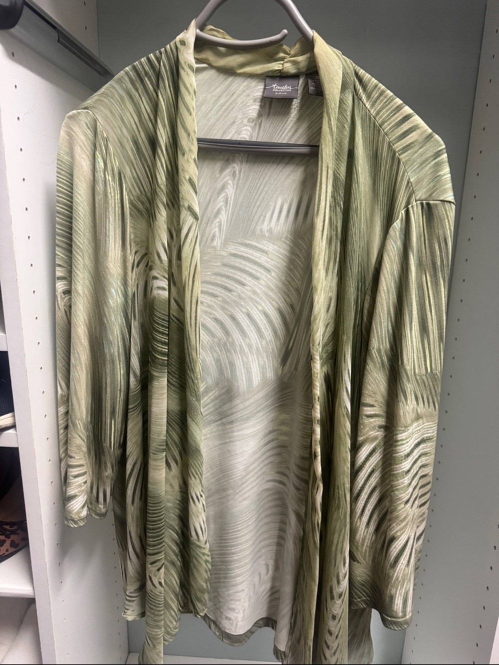 Chico's Sage and Olive Swirl Open-Front tunic